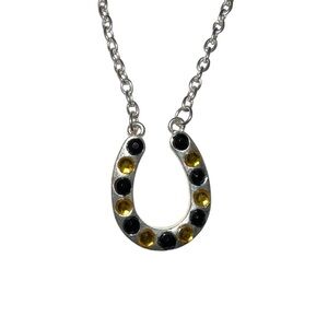 Horseshoe Charm Necklace – Black & Yellow Rhinestones, Silver Tone 🐎💛
